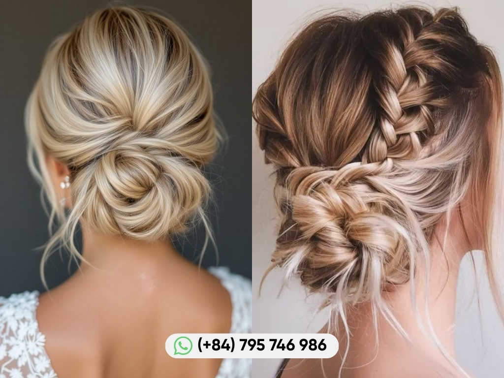 Low bun hairstyle styled at the nape with soft volume and a polished finish