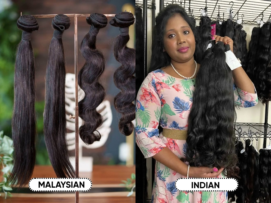 Direct comparison between Malaysian hair and Indian hair showing texture and quality