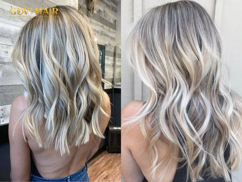 Silvery sandy blonde hair color combining cool ash tones with beige blonde softness