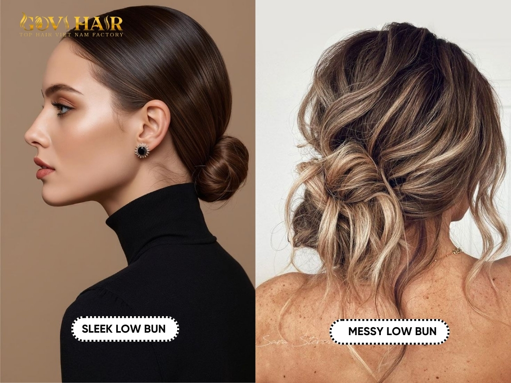 A sleek low bun and a messy low bun for elegant and relaxed looks
