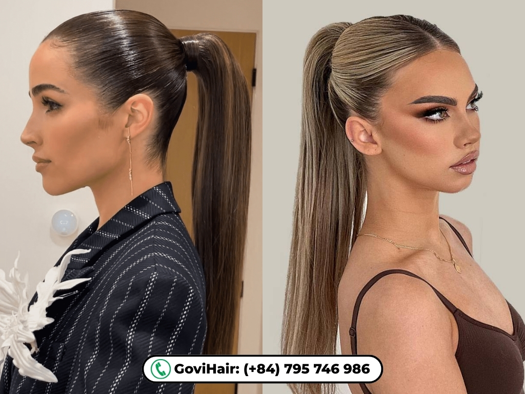 Sleek high ponytail with bone straight hair