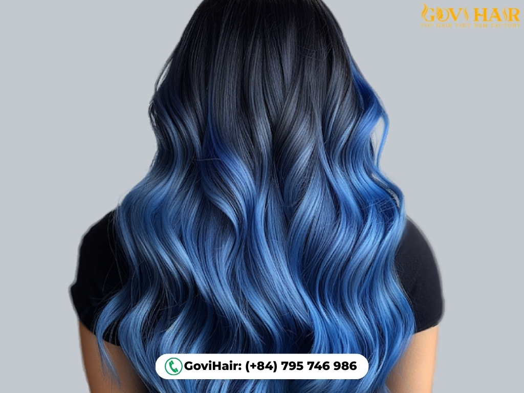 Black Blue Ombre features jet black roots fading into navy