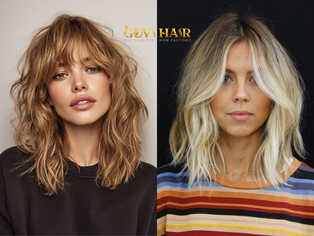 A tousled lob paired with curtain bangs offers an effortless appearance