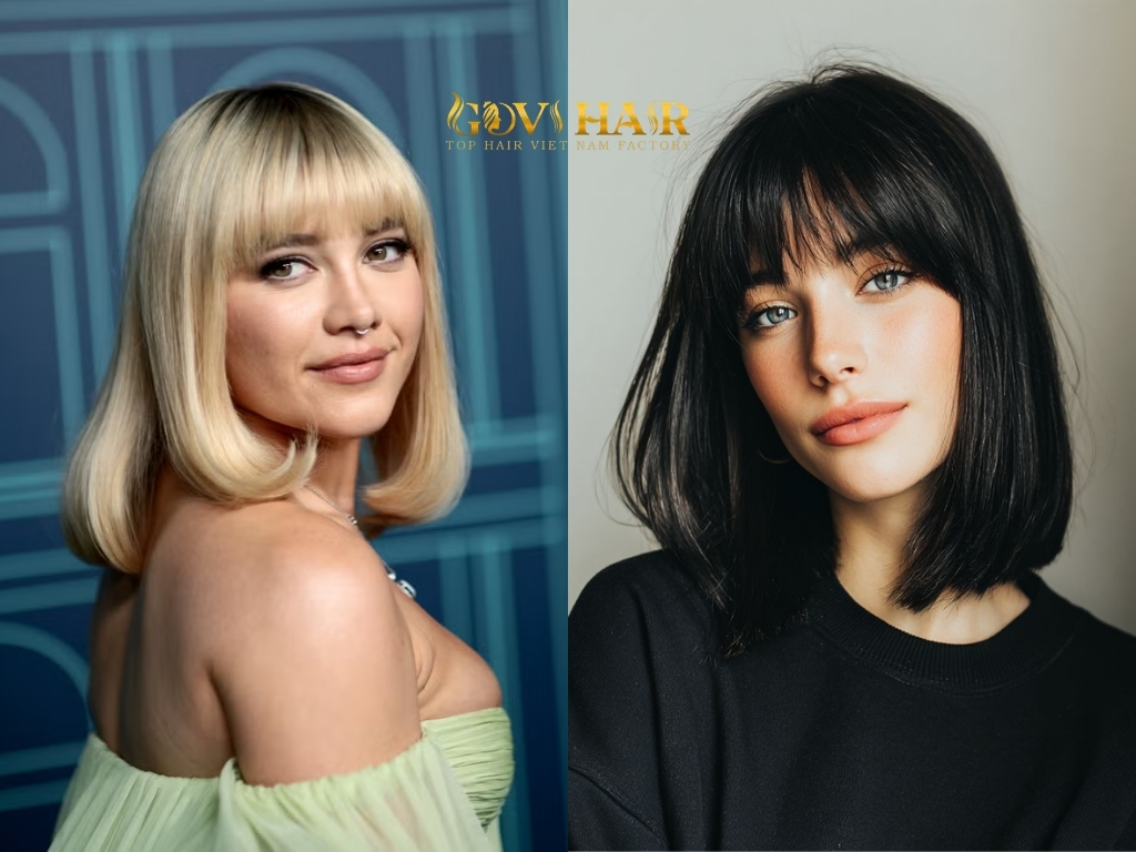 A sleek lob paired with fringe delivers a polished look