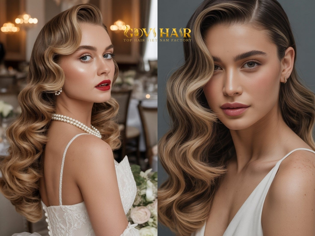 Long curls with a side part create a beautiful balance