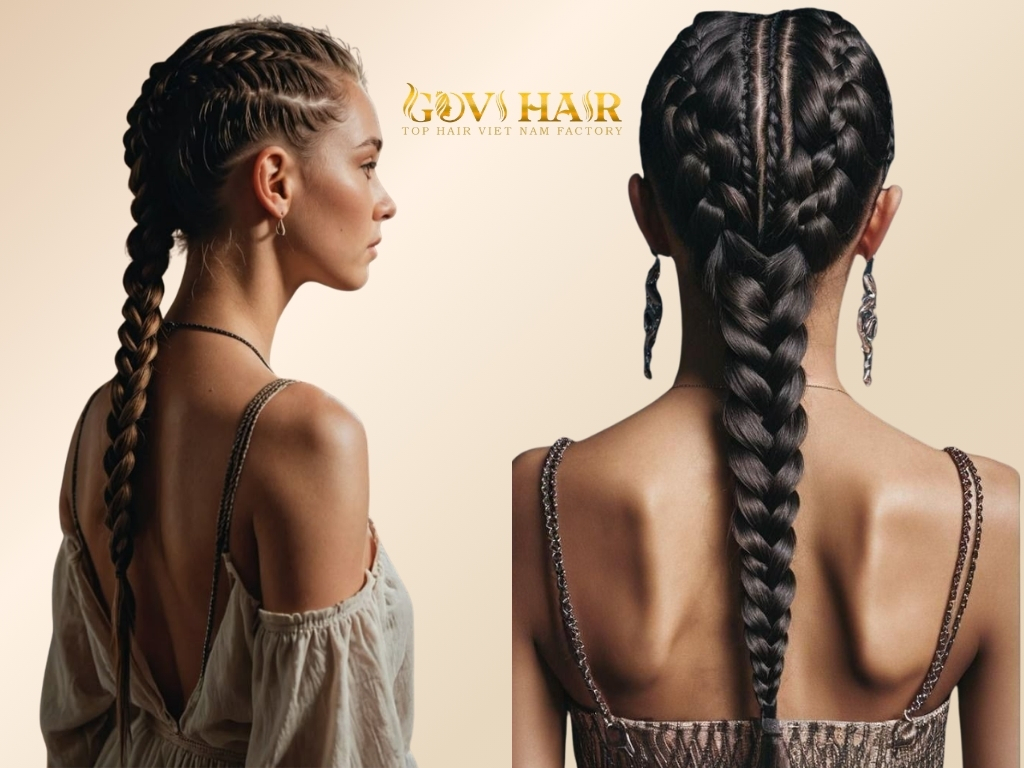 All the braids are pulled back tightly to the crown