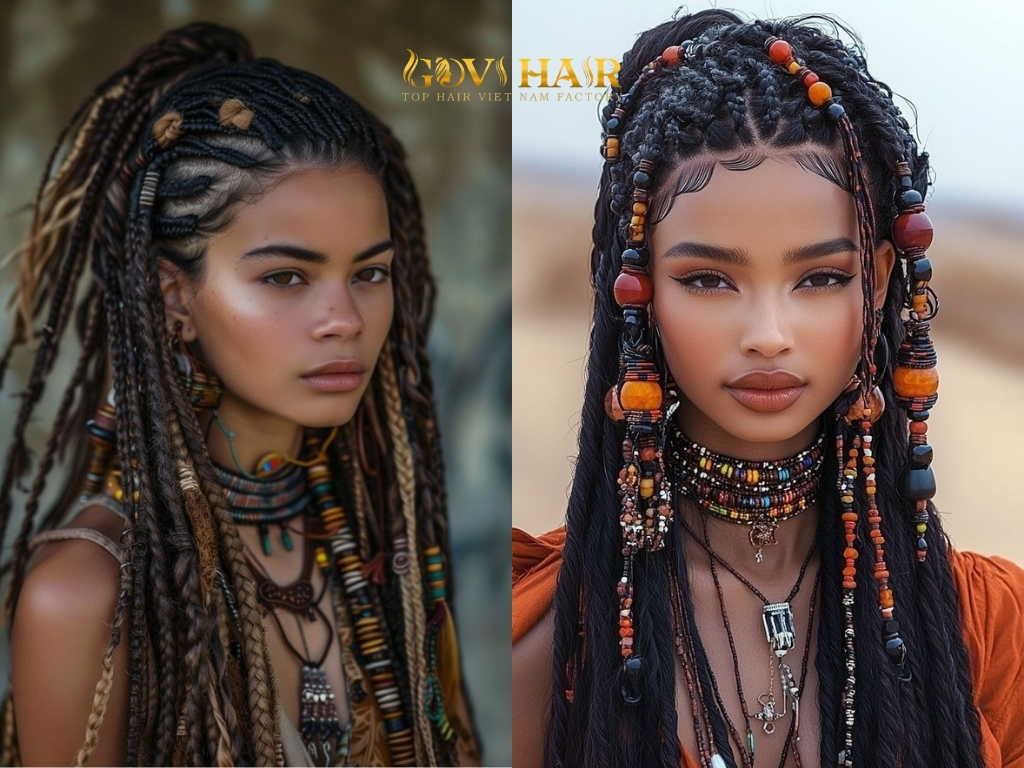 The twists are styled loosely and accented with natural elements