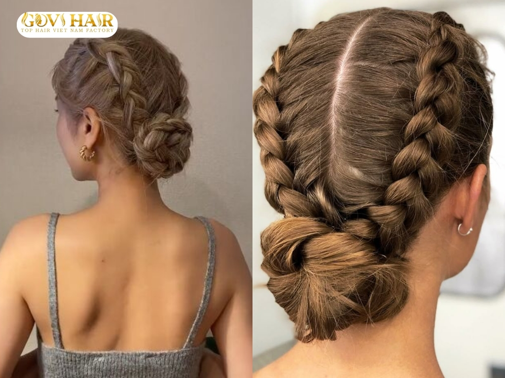 Braided hair styled into a bun, combining texture and elegance for a polished updo.