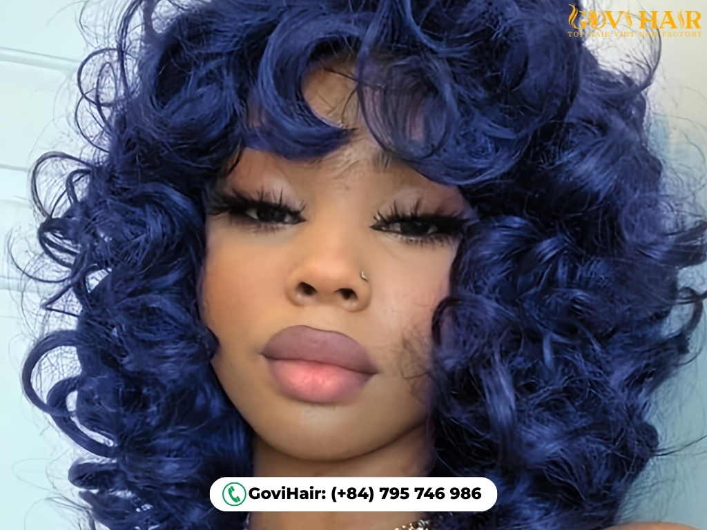 Glossy Dark Blue Curly Hair adds shine and defined curls