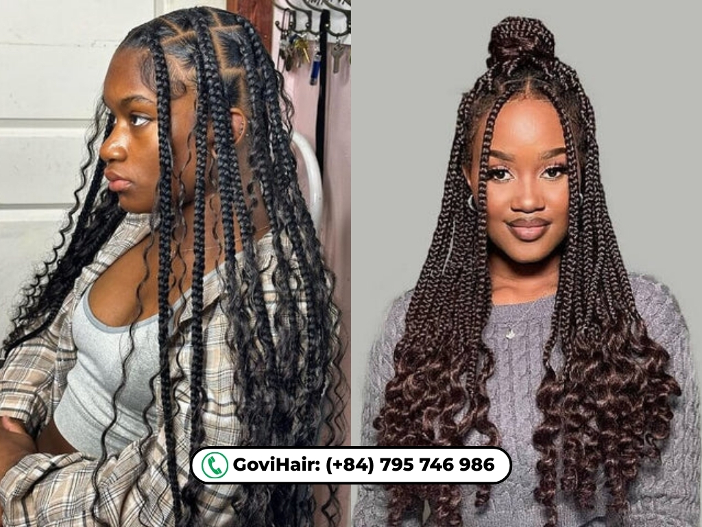 Large and curly knotless braids hairstyle