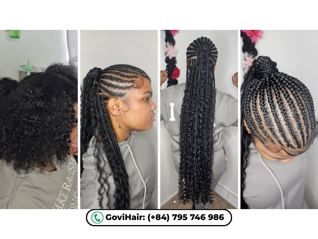 Pulled-back and half-up knotless braids