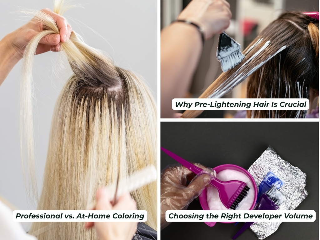 Black to blonde hair steps: professional vs at-home coloring, pre-lightening, and selecting developer volume
