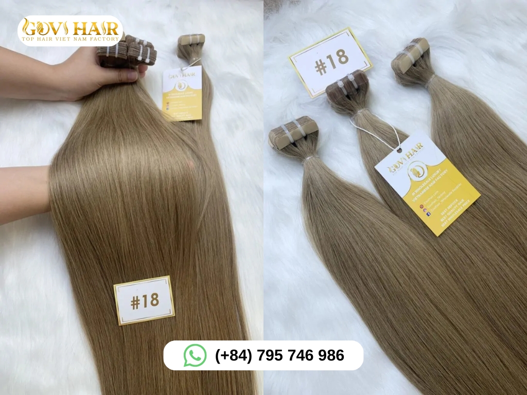 Tape-in hair extensions made from real human hair in #18 light ash blonde