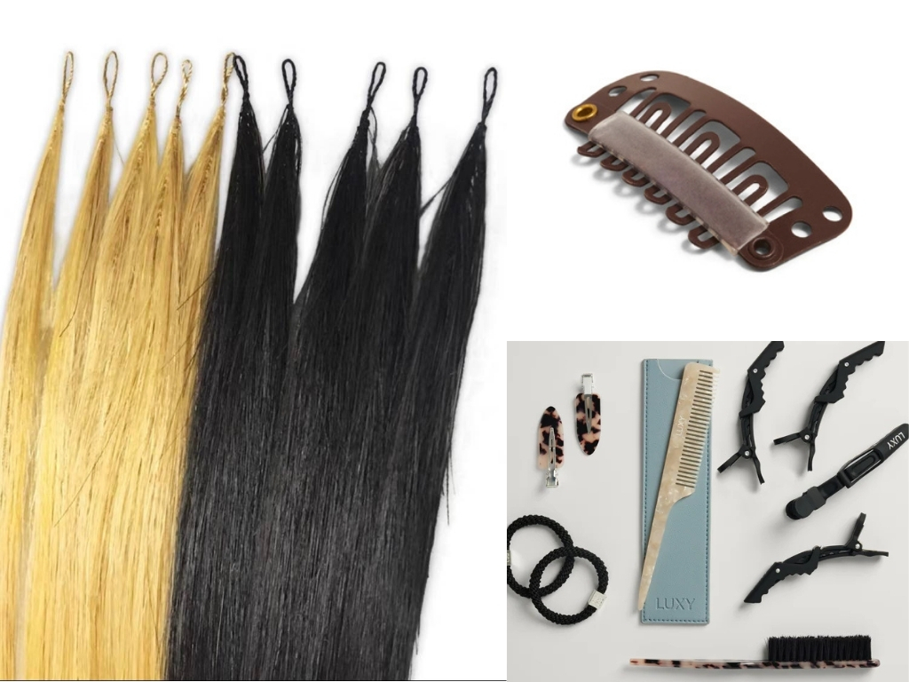 Everything you need for a DIY transformation: high-quality hair wefts, sturdy clips, a needle, and specialized thread.
