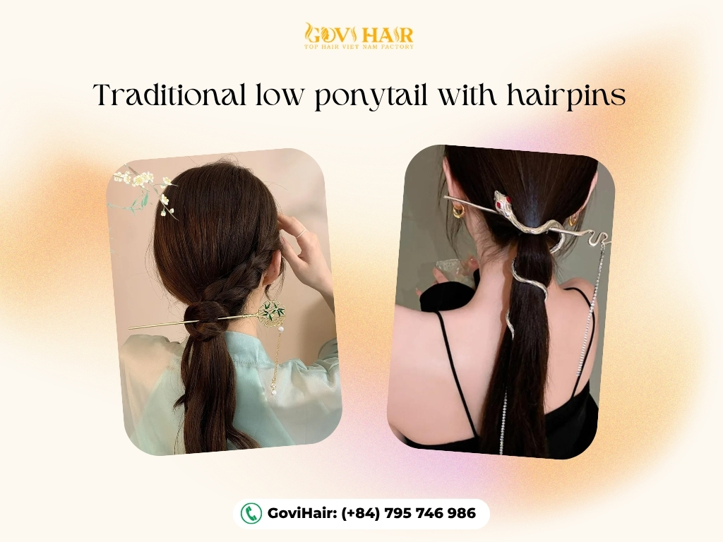 A traditional low ponytail with hairpins gives a neat, graceful look with a simple Chinese-inspired touch.
