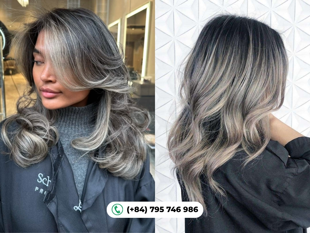 Ash blonde grey hair color combines cool blonde and grey shades for a subtle