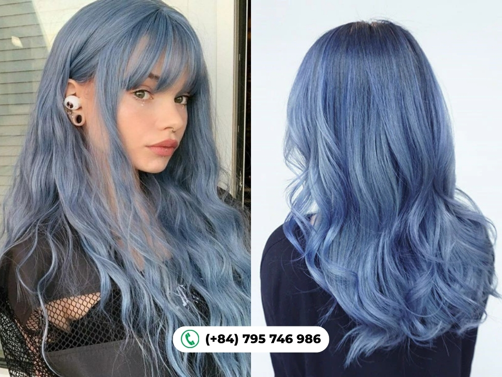 Blue grey hair color with cool-toned hues adds a modern