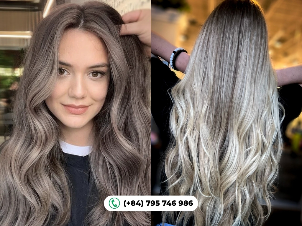 Champagne grey hair color blends warm beige and soft grey tones for a natural