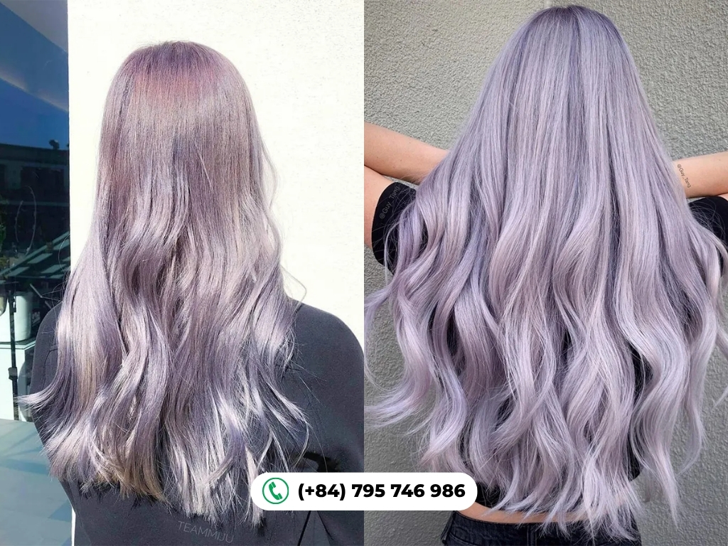 Lavender grey hair color with soft purple undertones enhances brightness