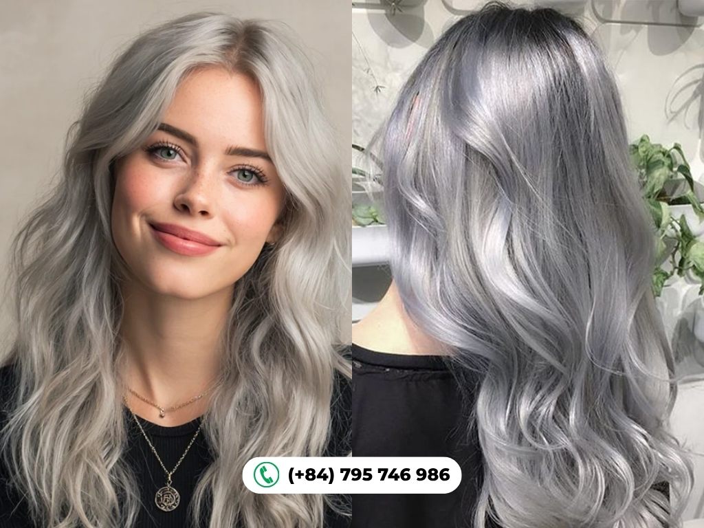 Metallic grey hair color delivers a high-shine