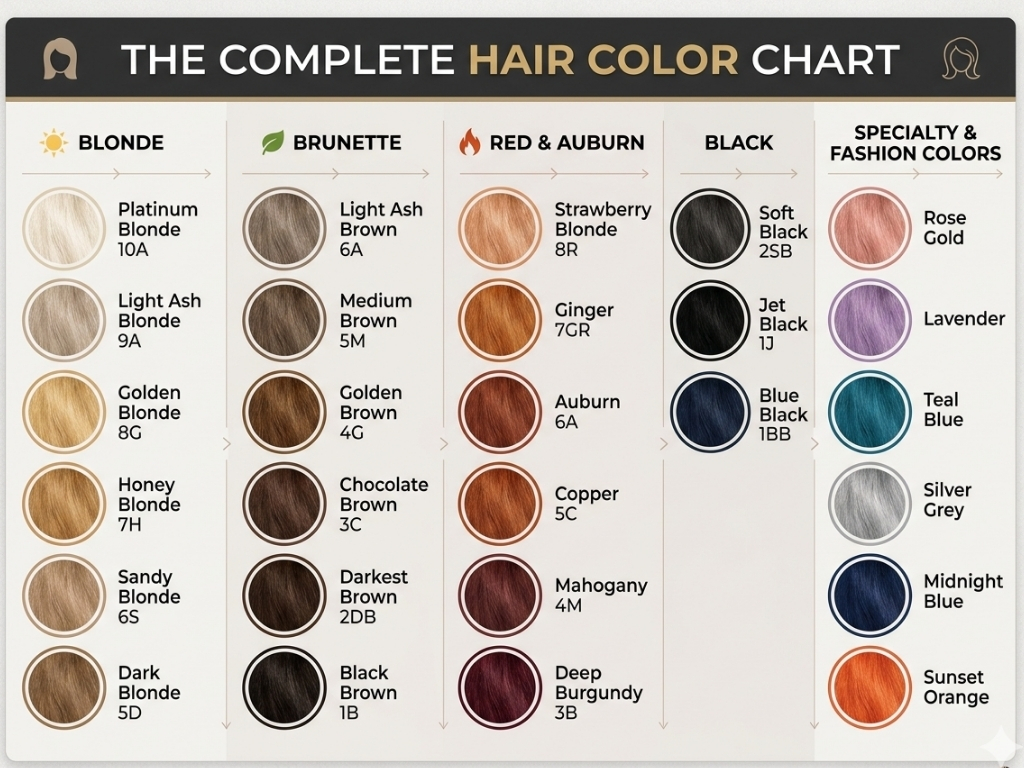 Hair color chart for popular shades.