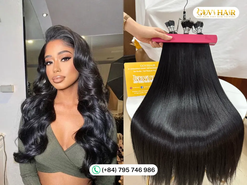 Raw Vietnamese hair extensions with aligned cuticles from Govihair factory in Da Nang