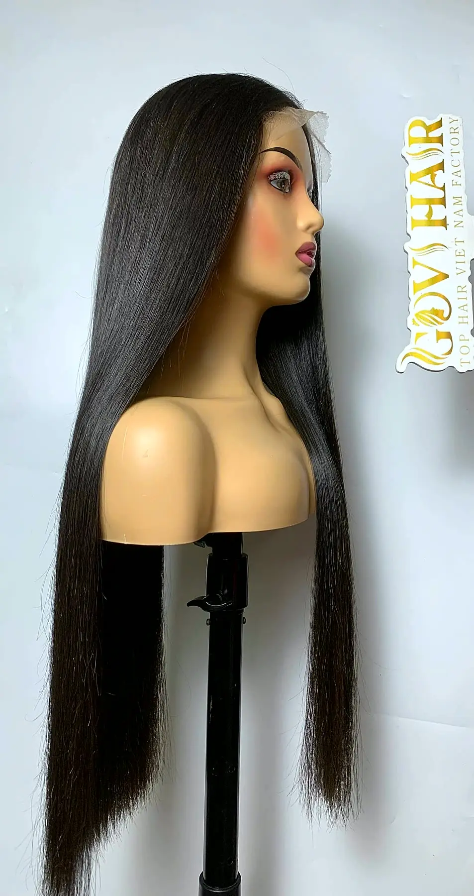 28 Inch Wig 5x5 HD Lace Closure Bone Straight Natural Black Virgin Hair 1 28 inch wig side profile on stand