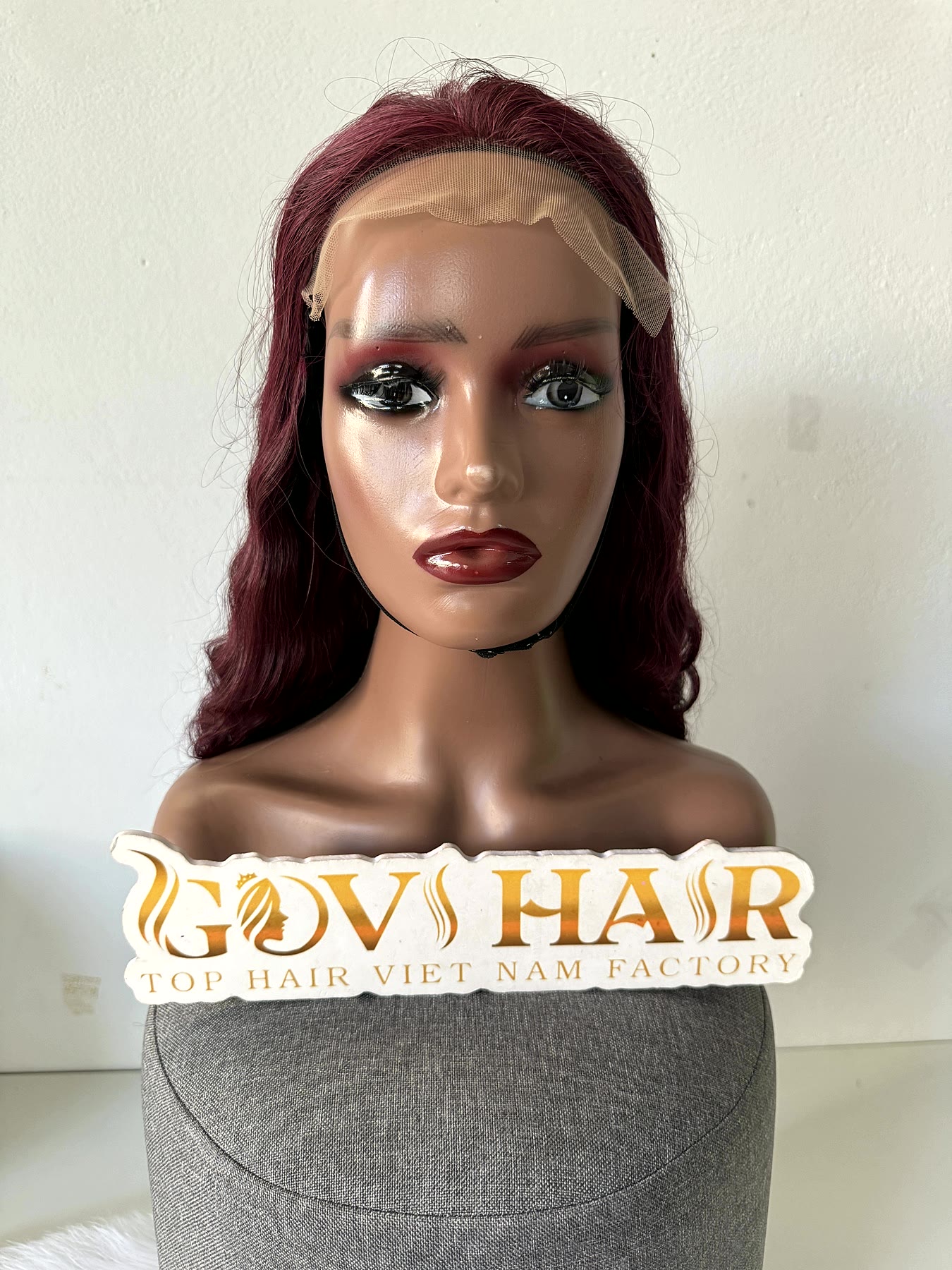 Burgundy Human Hair Wig 6x6 Closure 22 Inch Deep Wave 180% Density 3 Burgundy human hair wig front view