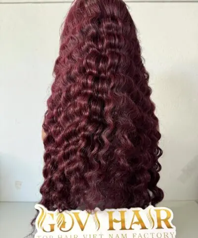 Burgundy Human Hair Wig 6x6 Closure 22 Inch Deep Wave 180% Density 7 Burgundy human hair wig curls back view