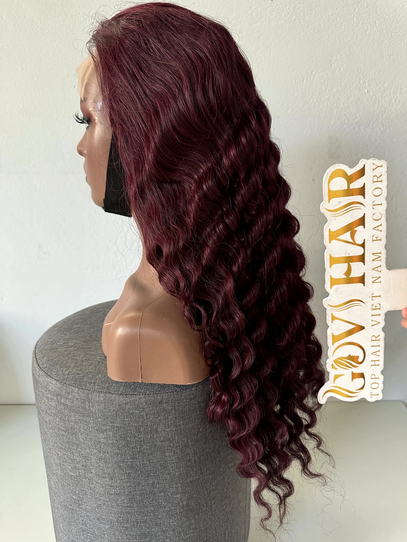 Burgundy Human Hair Wig 6x6 Closure 22 Inch Deep Wave 180% Density 1 Burgundy deep wave wig side profile