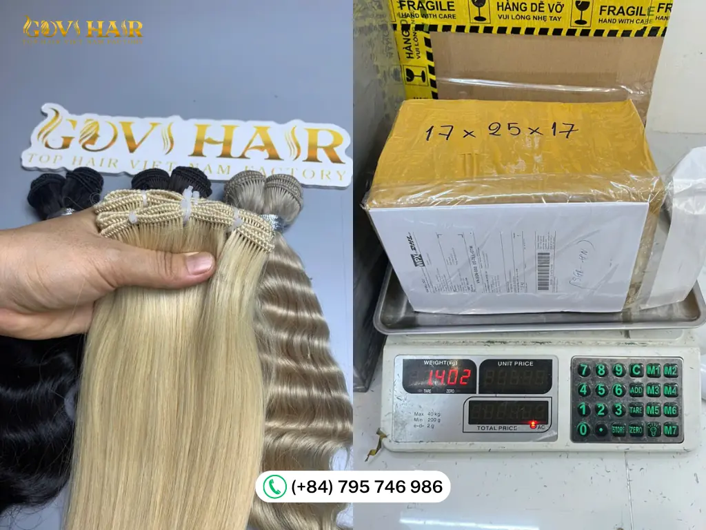 Govihair QC team verifying a wholesale hand-tied weft hair extensions order before shipping