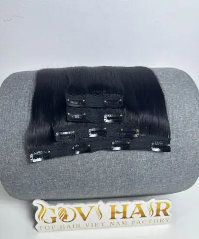 Raw Vietnamese clip in hair extensions, bone straight, natural black 1B, 16 inch, Super Double Drawn - view 2