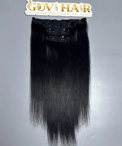 Raw Vietnamese clip in hair extensions, bone straight, natural black 1B, 16 inch, Super Double Drawn - view 3