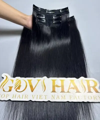 Raw Vietnamese clip in hair extensions, bone straight, natural black 1B, 16 inch, Super Double Drawn - view 4