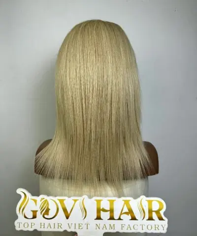 Short Blonde Full Lace Wig 14 Inch Straight Human Hair 180% Density 6 Blonde full lace wig straight back view