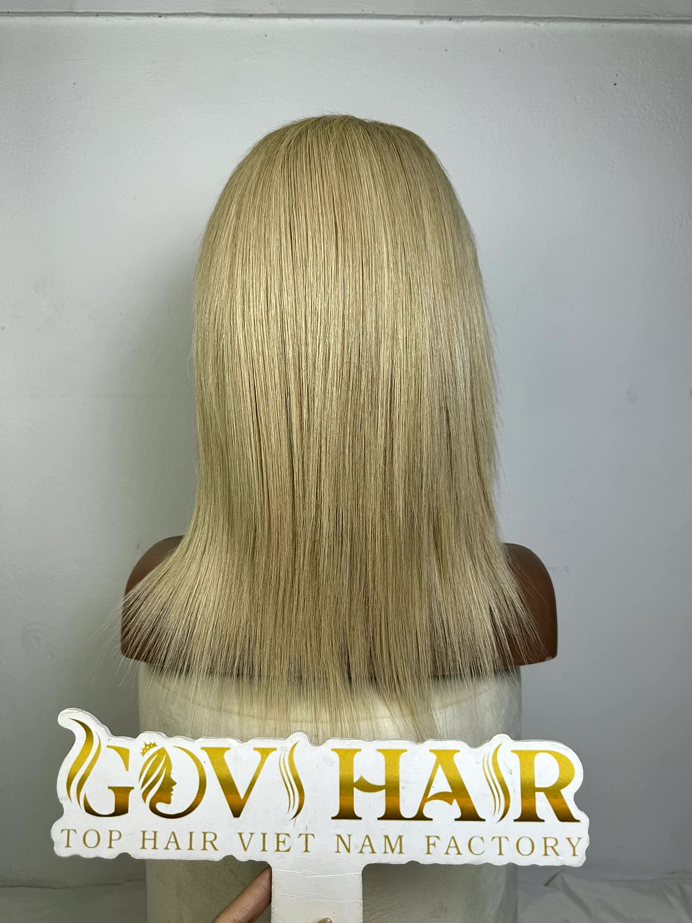 Short Blonde Full Lace Wig 14 Inch Straight Human Hair 180% Density 3 Blonde full lace wig straight back view