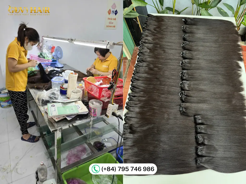 Raw human hair weft extensions factory production Vietnam