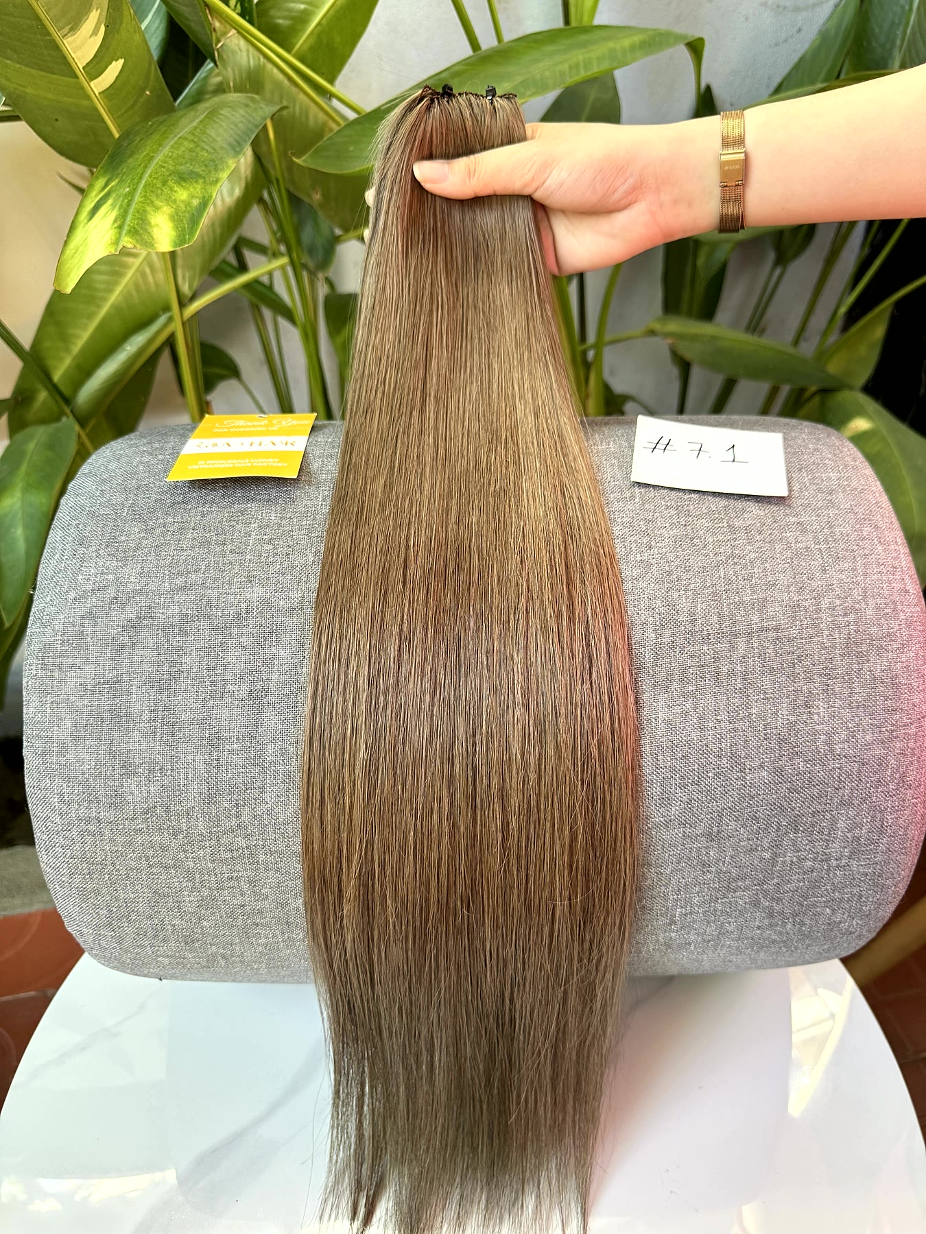 24 Inch Ash Brown Hair Extensions #7.1 Feather Weft Bone Straight 1 24 inch ash brown hair extensions hand held