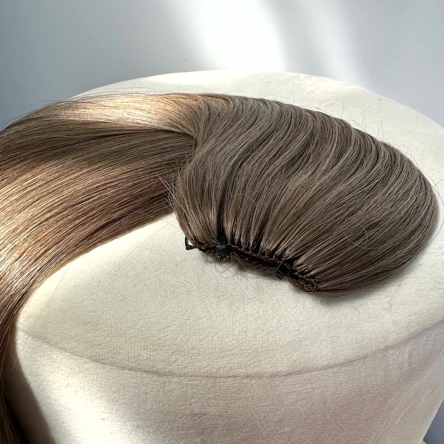 24 Inch Ash Brown Hair Extensions #7.1 Feather Weft Bone Straight 4 Feather weft bonds on ash brown hair extensions
