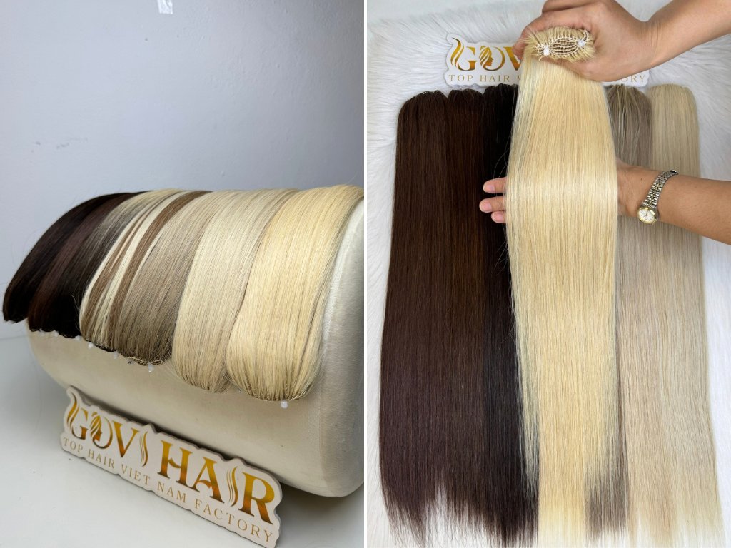 Feather weft hair extensions in dark brown, ash and blonde shades from the Govihair factory