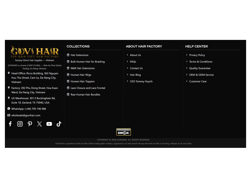 Govihair footer showing registered business and addresses