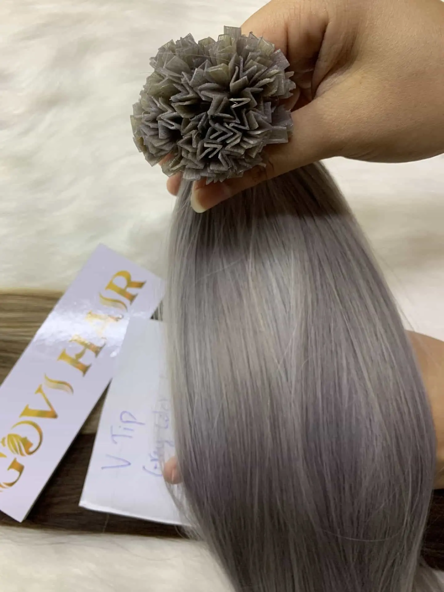 V tip Hair Extensions Grey Color