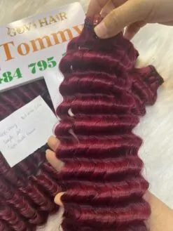 Deep Wavy Machine Weft Hair Extensions Red Wine Color