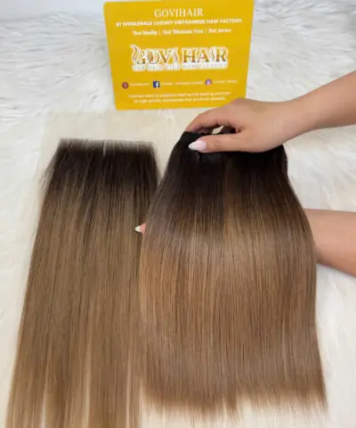 Bone Straight Machine Weft Hair Extensions 22 Inch Ombre Light Brown Color