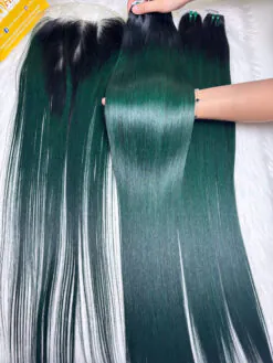 Bone Straight Machine Weft Hair Extensions 24 Inch Ombre Green Color