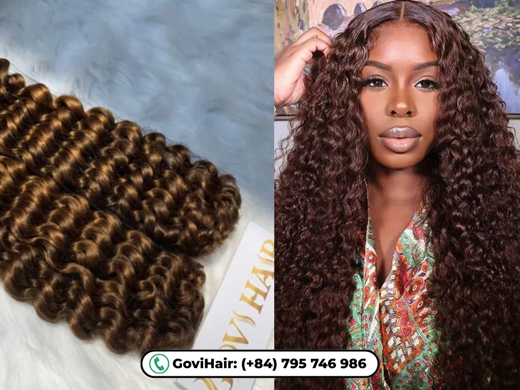 Deep Curly Machine Weft Hair Extensions Brown Color made using machine-sewn weft technology