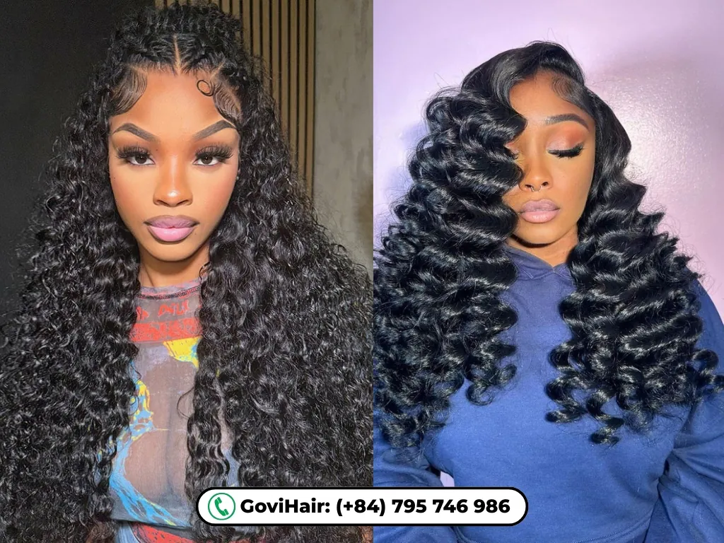 Deep wavy human machine weft hair extensions #1B natural color, offering flexibility