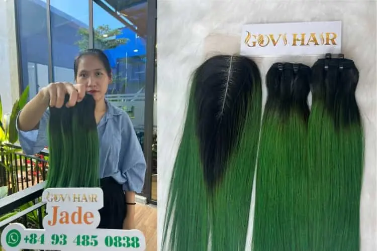 Weft Hair Bone Straight Ombre Green Color Human Hair