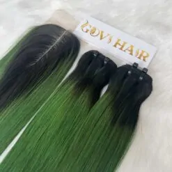 Weft Hair Extensions Bone Straight Ombre Green Color 100% Human Hair