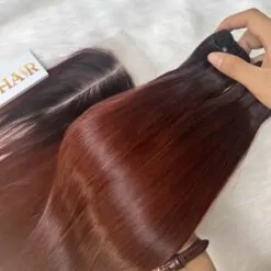 Weft Hair Extensions Bone Straight Ombre Brown Red
